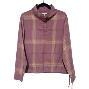LL Bean Signature Plaid Flannel Pullover M Purple Mock Neck Drawstring Gorpcore
